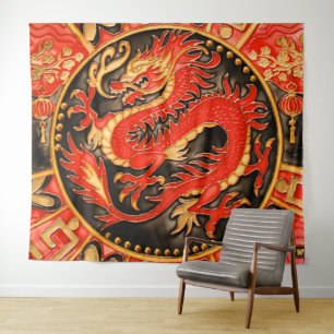 Traditional Ancient Chinese Dragon Red Gold Golden Tapestry