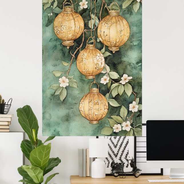 Traditional Asian lanterns hanging from the branch Poster (Home Office)