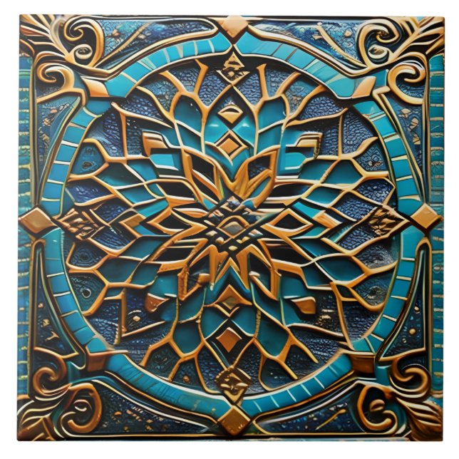Traditional Azure and Orange ceramic art  Tile (Front)