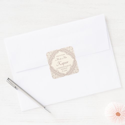 Traditional Beige Mehndi Hindu Wedding Address Square Sticker