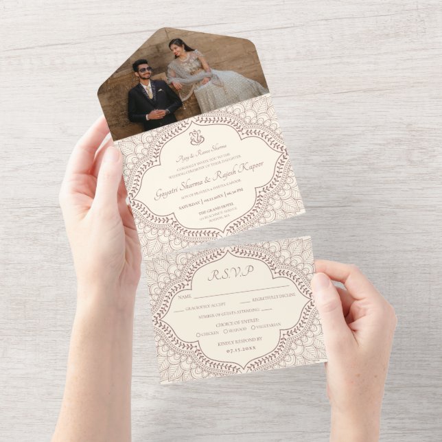 Traditional Beige Mehndi Indian Hindu Wedding All In One Invitation (Tearaway)