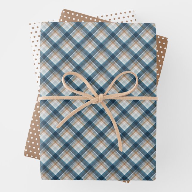 Traditional Beige Tan Taupe Brown Teal Blue Tartan Wrapping Paper Sheets (In situ)