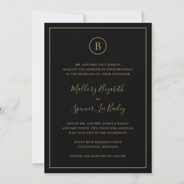 Traditional Black and Gold All In One Wedding Invitation (Front)