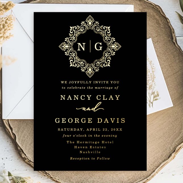 Traditional Black and Gold Crest Monogram Wedding Foil Invitation (Creator Uploaded)