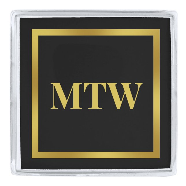 Traditional Black and Gold Initials Monogram Silver Finish Lapel Pin (Front)