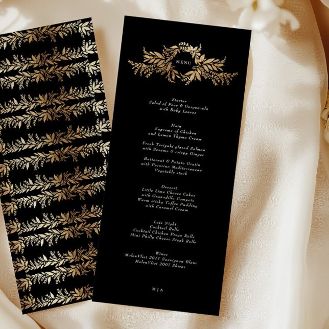 traditional black and gold wreath monogram wedding menu (Creator Uploaded)