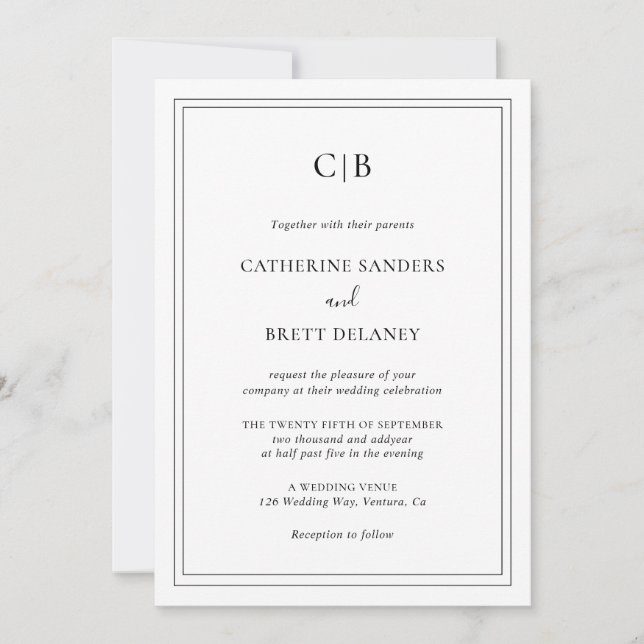 Traditional Black and White All In One Wedding Invitation (Front)