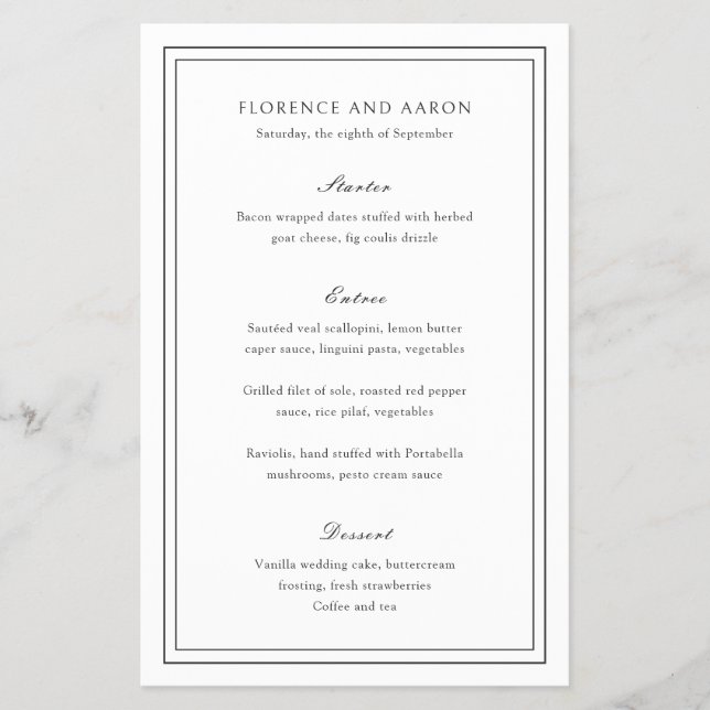 Traditional Black and White Budget Wedding Menu Flyer (Front)