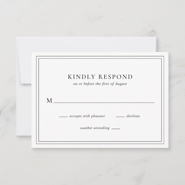 Traditional Black and White Elegant Wedding RSVP Card (Front)