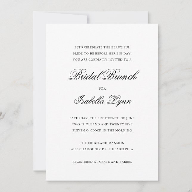 Traditional Black and White Formal Bridal Brunch Invitation (Front)