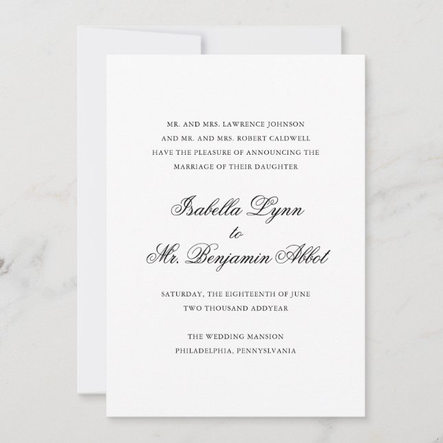 Traditional Black and White Formal Elegant Wedding Announcement (Front)
