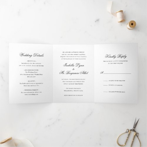 Traditional Black and White Formal Elegant Wedding Tri_Fold Invitation