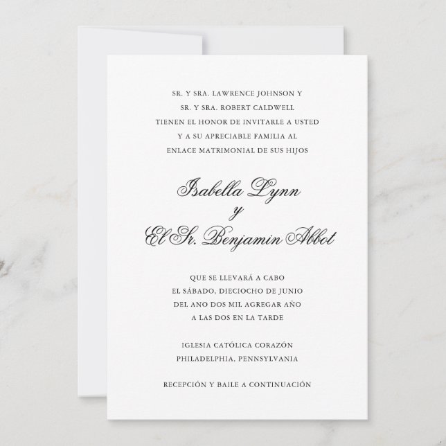 Traditional Black and White Formal Spanish Wedding Invitation (Front)