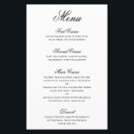 Traditional Black and White Formal Wedding Menu<br><div class="desc">Elegant and classic style wedding menu featuring a simple design with "menu" and the course headers in a formal black calligraphy and course descriptions in a serif font over a white background. A traditional and classy design that is perfect for a black tie wedding. These cheap wedding menus are printed...</div>