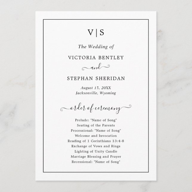 Traditional Black and White Monogram Wedding Program (Front)