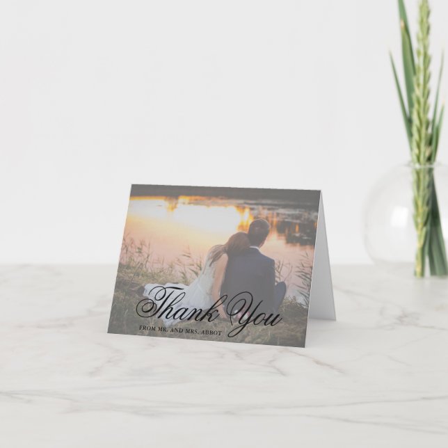 Traditional Black and White Photo Elegant Wedding Thank You Card (Front)
