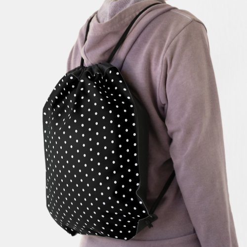 Traditional Black and White Polka Dots Pattern Drawstring Bag