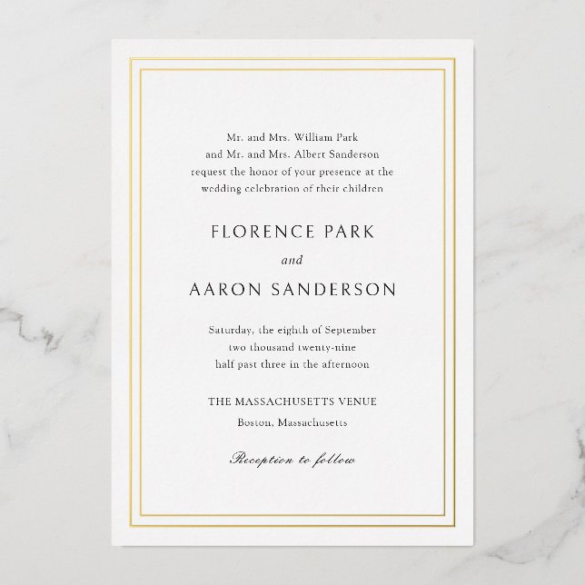 Traditional Black and White Timeless Wedding Foil Invitation (Front)