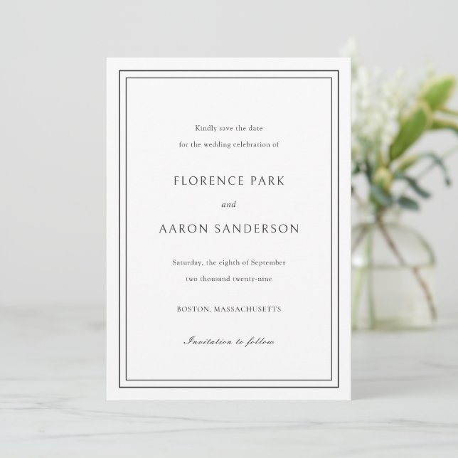 Traditional Black and White Timeless Wedding Save The Date (Standing Front)