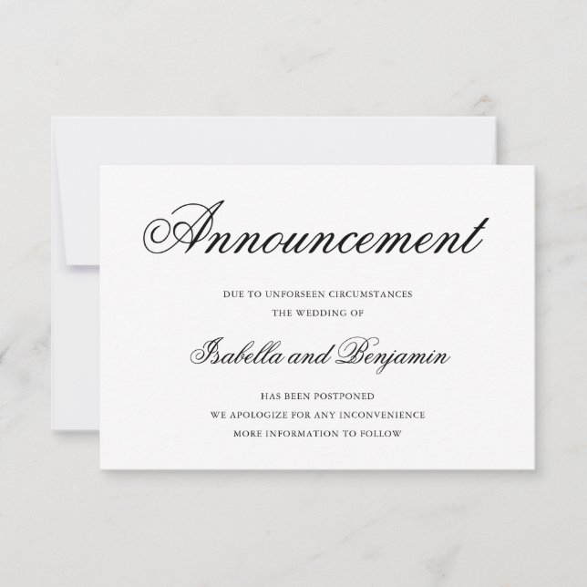 Traditional Black and White Wedding Postponement Invitation (Front)