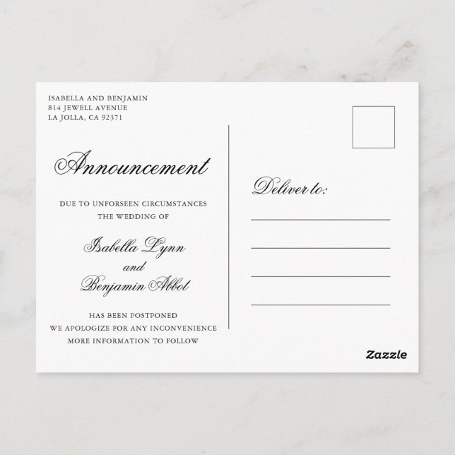 Traditional Black and White Wedding Postponement Postcard (Back)