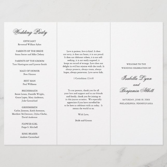 Traditional Black and White Wedding Program (Front)