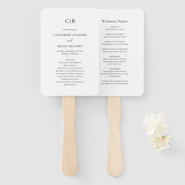 Traditional Black and White Wedding Program Hand Fan (Front and Back)