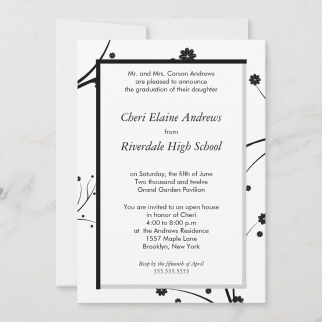 Traditional-Black floral graduation invitation (Front)