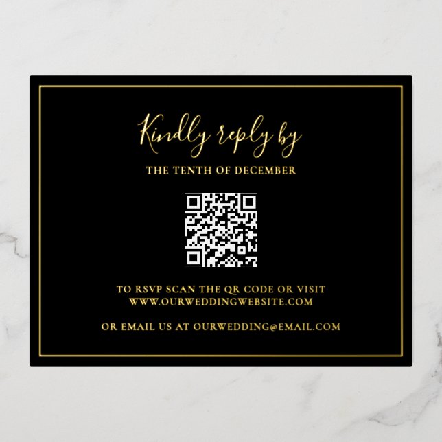 Traditional Black QR Code Wedding Foil RSVP Card (Front)