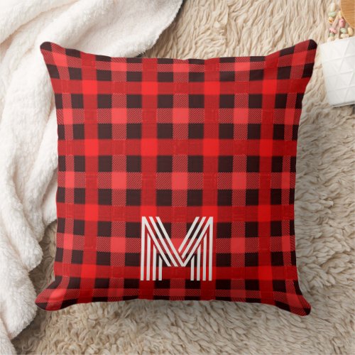 Traditional Black Red Plaid Texture, Monogram Throw Pillow