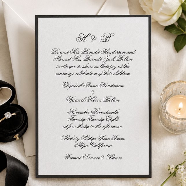 Traditional Black Script Monogram Wedding Letterpress Invitation (Creator Uploaded)