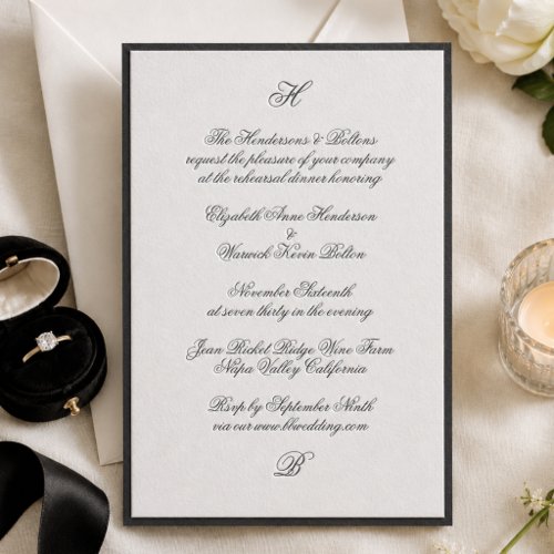 Traditional Black Script Rehearsal Dinner Wedding Letterpress Invitation