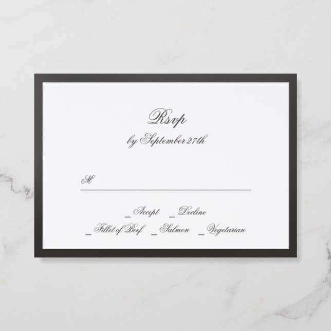 Traditional Black Script Wedding Letterpress RSVP Cards (Front)