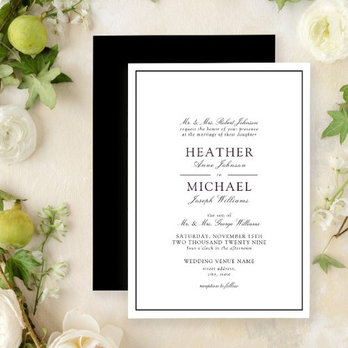 Traditional Black  White Classic Script Wedding Invitation