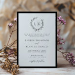 Traditional Black White Monogram Wreath Wedding  Invitation<br><div class="desc">Elegant & classic leaf monogram wreath black and white wedding invitation.</div>