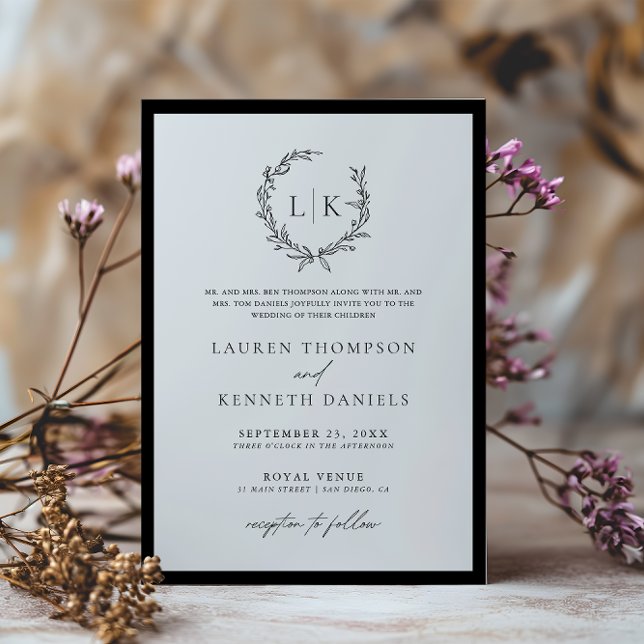 Traditional Black White Monogram Wreath Wedding  Invitation (Creator Uploaded)