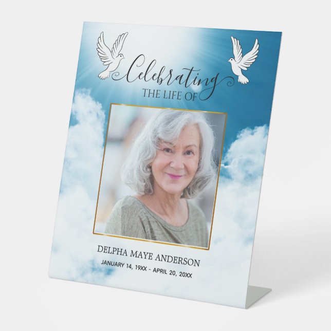 Traditional Blue and White Dove Memorial  Pedestal Sign (Front)