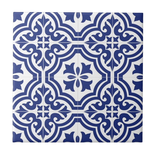 Traditional  Blue and White Spanish Azulejo Ceramic Tile (Front)