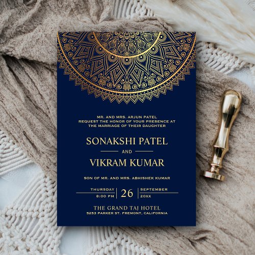Traditional Blue Gold Mandala Indian Wedding Invitation