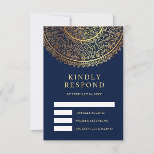 Traditional Blue Gold Mandala Indian Wedding RSVP Card