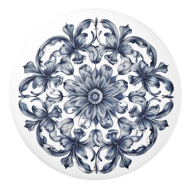 Traditional Blue Gray White Ornate Pattern Ceramic Knob (Front)