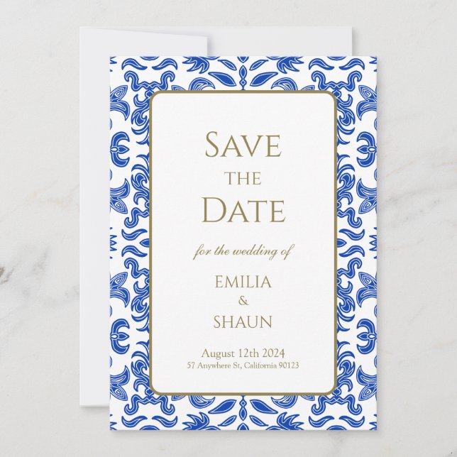 Traditional Blue Italian Wedding Save the Date Invitation (Front)