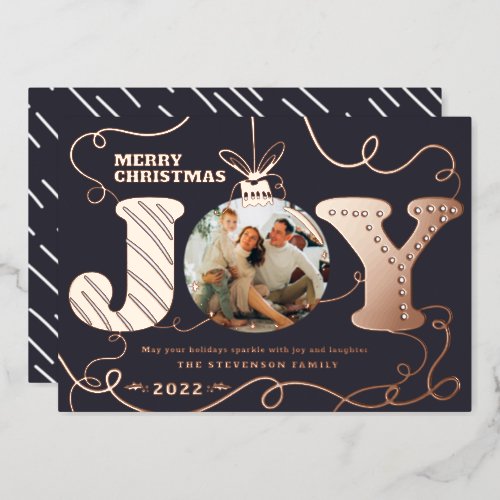 Traditional blue Joy photo Christmas tinsels Foil Holiday Card