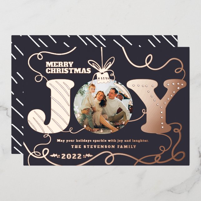 Traditional blue Joy photo Christmas tinsels Foil Holiday Card (Front/Back)