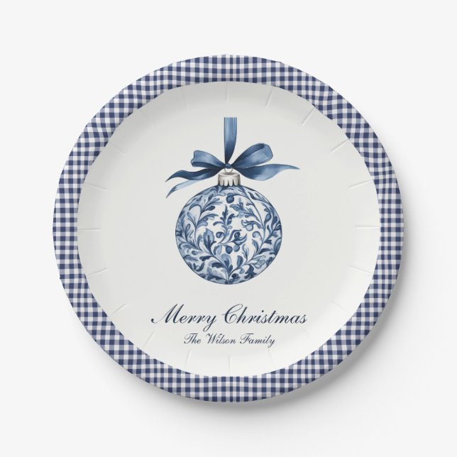 Traditional Blue Ornament Christmas Paper Plates (Front)