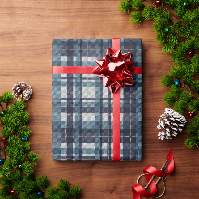 Traditional blue teal gold white madras plaid  wrapping paper (Holiday Gift)