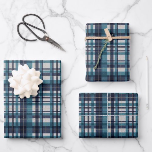 Traditional blue teal gold white madras plaid wrapping paper sheets