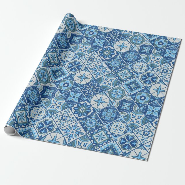 Traditional Blue Tiles Wrapping Paper (Unrolled)