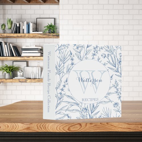 Traditional Blue  White Floral Family Recipe 3 Ring Binder