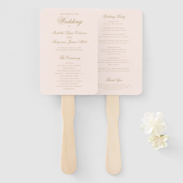 Traditional Blush Pink Formal Wedding Program Hand Fan (Front and Back)